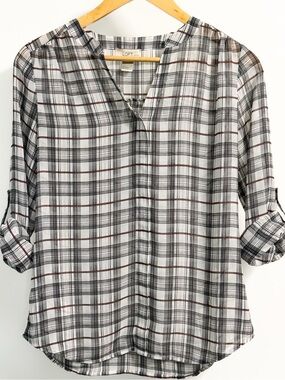 LOFT Petites Plaid Sheer Roll Tab Blouse XSP White Black Brown
